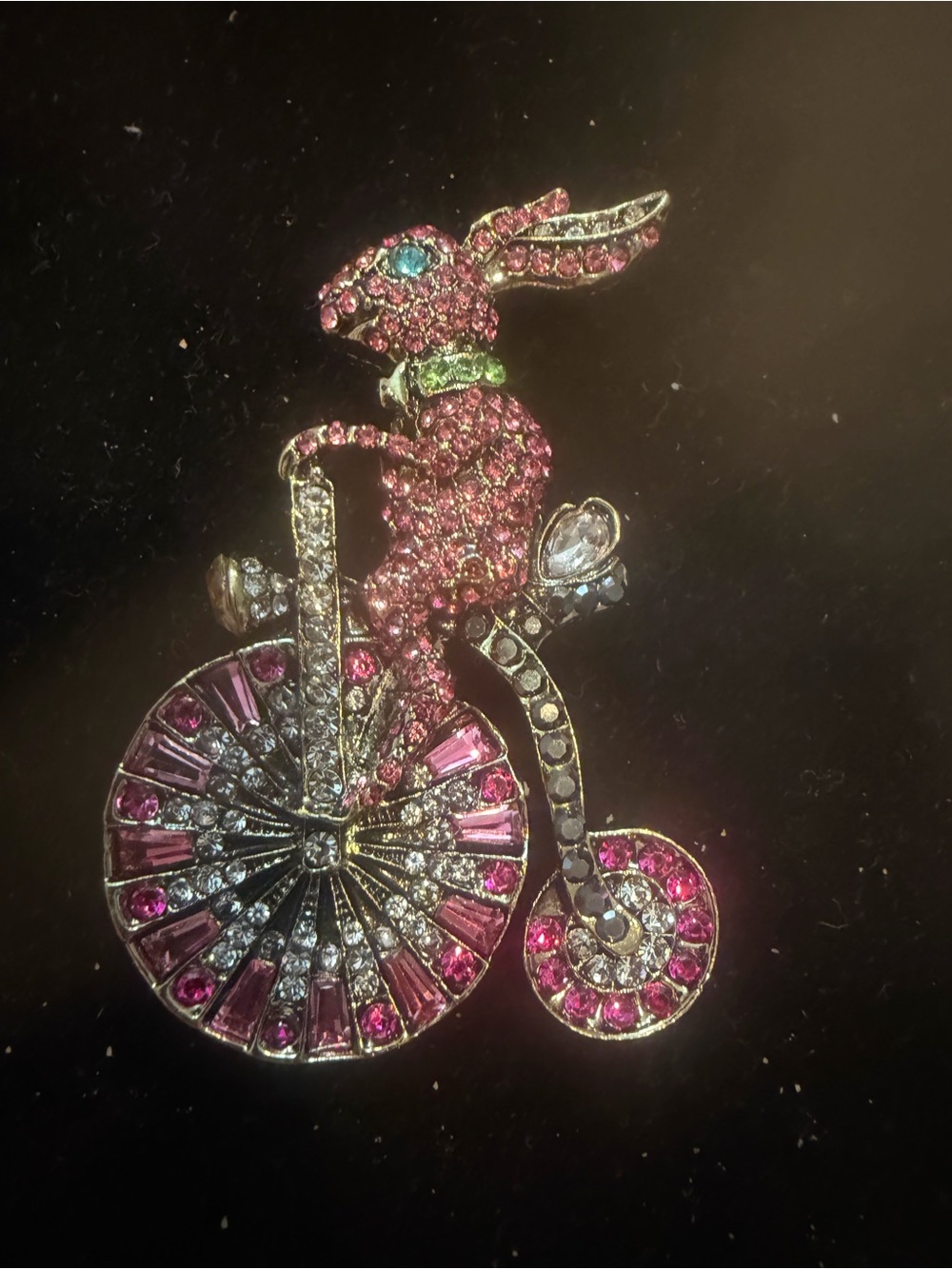 Pink Crystal Rabbit on Vintage Bicycle Brooch - Sparkling Kitschy Style
